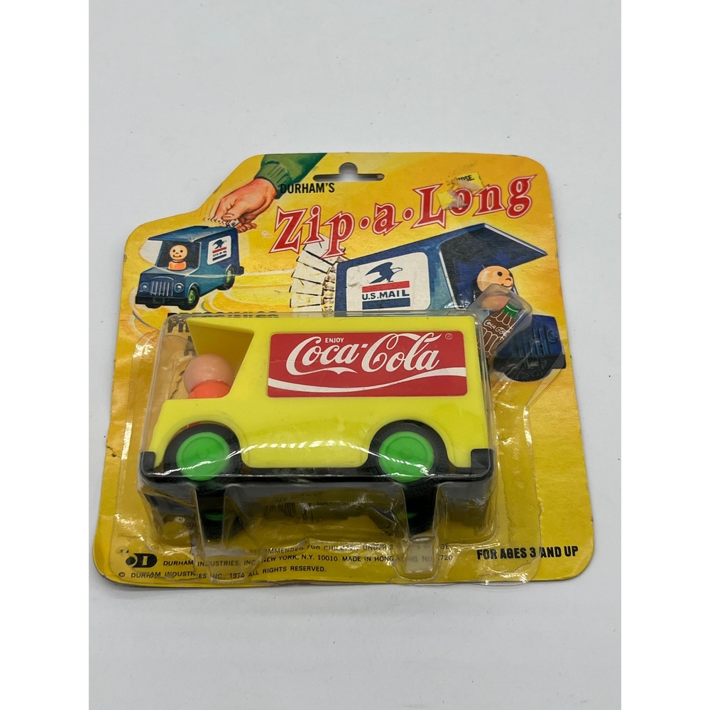 Durham Industries Coca Cola Zip a Long Press n Go Yellow Van Toy Vintage 1974